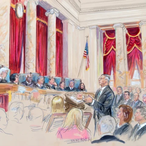 This courtroom sketch depicts attorney Neal Katyal, center, arguing before the Supreme Court on Wednesday, Nov. 5, in Washington. Dana Verkouteren / Associated Press